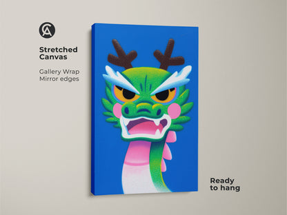 Stretched canvas art of a Cartoon Dragon is ready to hang. Gallery wrapped edges showcase the green pink and blue mythical creature print. Ideal fantasy art for kids rooms.