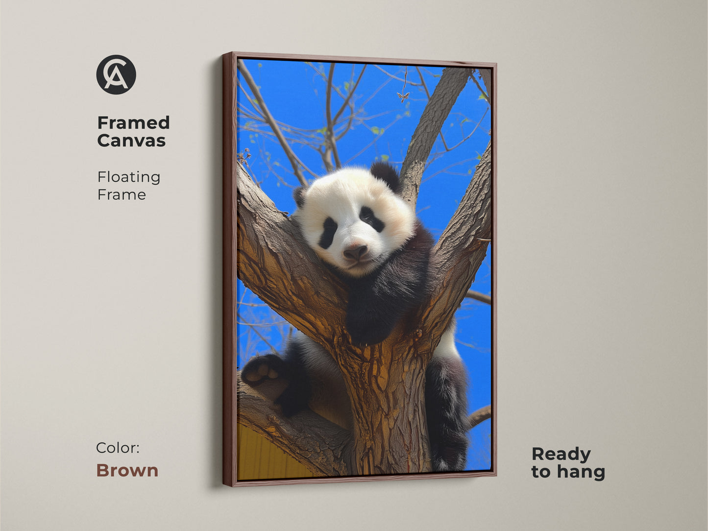 Brown framed canvas of a panda in a tree. This ready to hang artwork features a photorealistic animal. The blue sky and cute panda enhance any room. A great gift for wildlife art lovers.