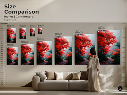 Compare sizes of this captivating artwork featuring a vibrant autumn forest scene. See how each canvas or poster print transforms your space. Find the perfect size to create a stunning focal point in your home. The path has red leaves.