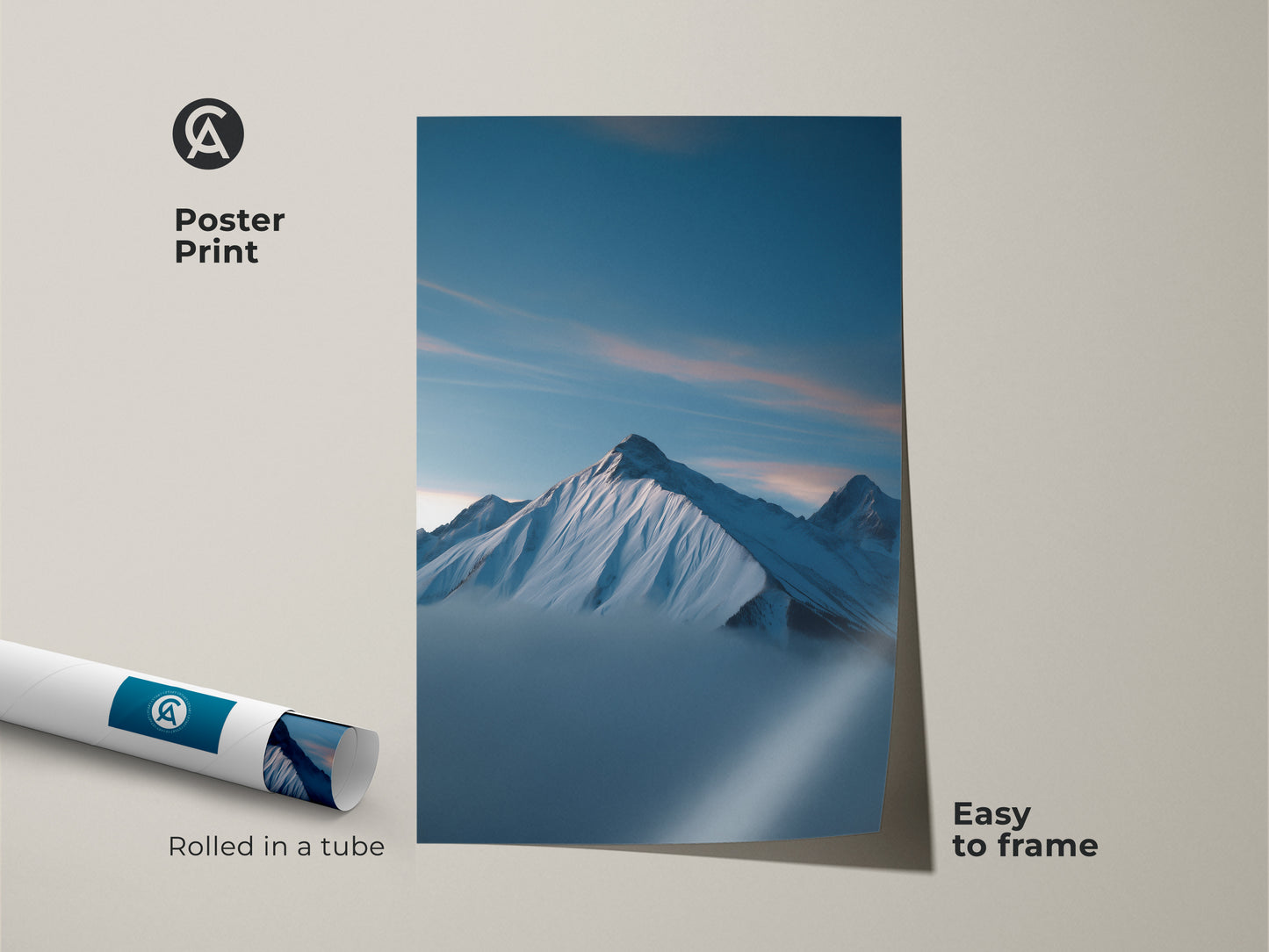 Poster print of a Misty Mountain scene. This deep blue landscape offers scenic nature wall decor. Rolled in a tube this minimalist mountain artwork is easy to frame and display.