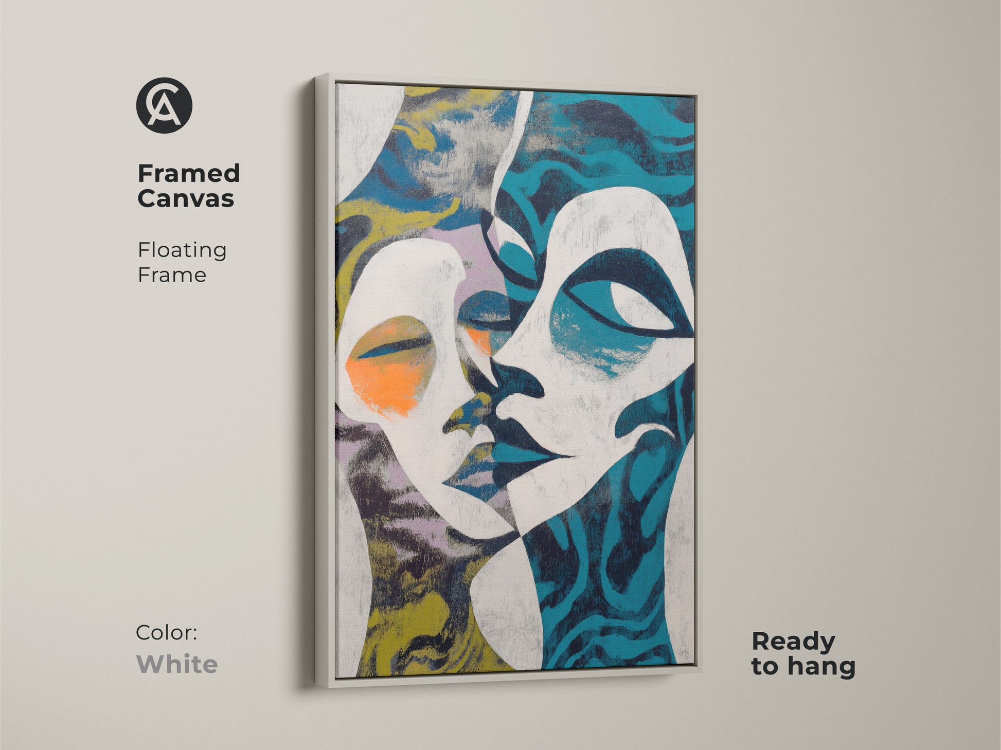 A Blue White Teal Abstract Face Canvas Print hanging above a bed. The modern eclectic bedroom decor is complemented by the abstract art. This housewarming gift brings a sophisticated touch. Blue abstract painting.