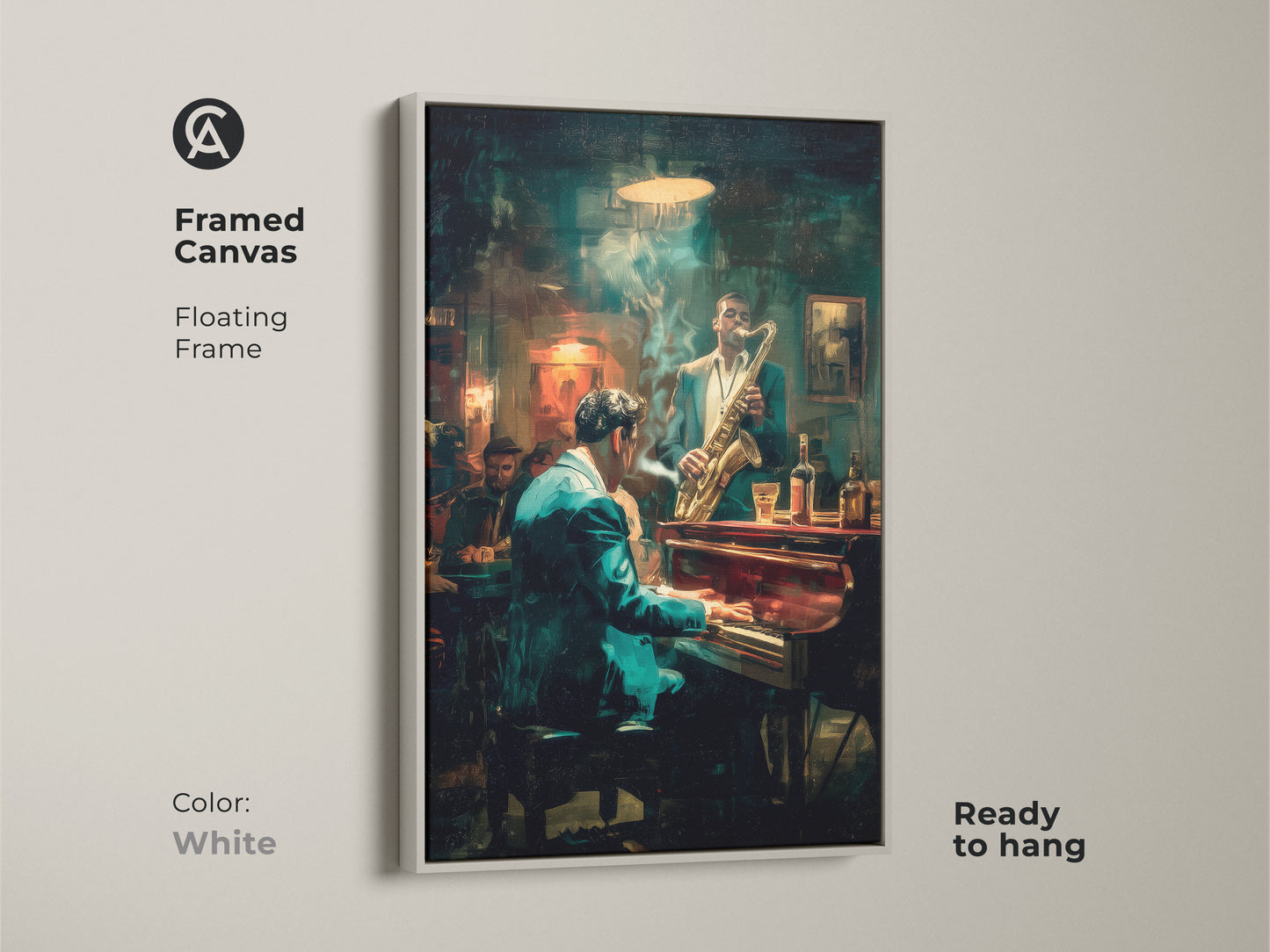 Enhance your space with this framed canvas artwork. The white floating frame showcases the jazz scene featuring a pianist and saxophonist. This piece is ready to hang and brings a clean musical vibe. Ideal for adding rhythm and sophistication to your decor.