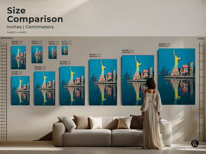 Size comparison of Statue of Liberty art prints and canvases in a living room setting. See how the abstract NYC skyline in yellow blue and teal complements your home decor. Available in various sizes to suit different wall spaces. Perfect modern artwork.