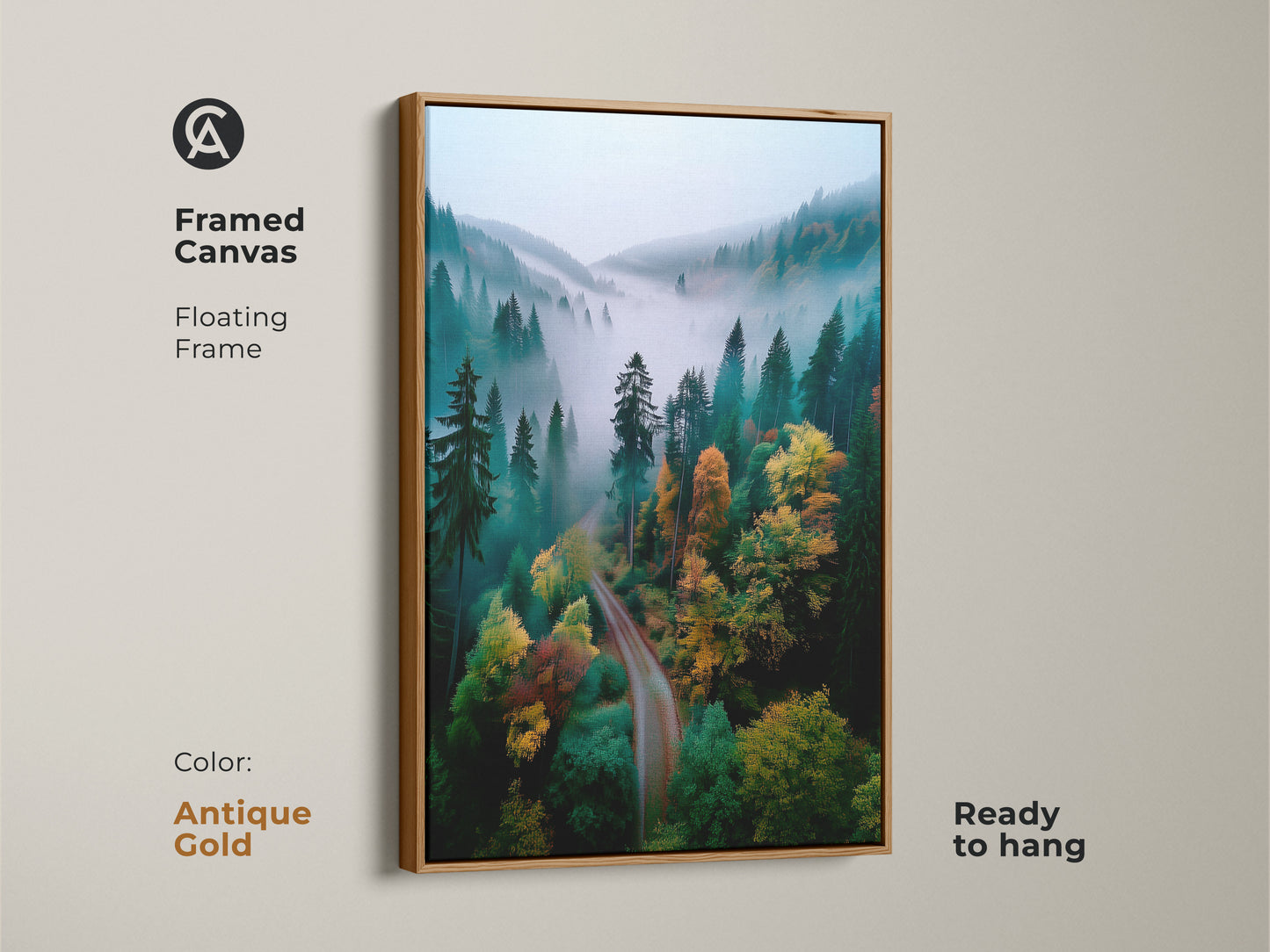 Antique gold framed canvas art of forest. The floating frame complements the forest artwork. The misty forest scene is printed on premium canvas. It is ready to hang. This framed artwork adds a touch of elegance. The artwork is a perfect focal point for your space.