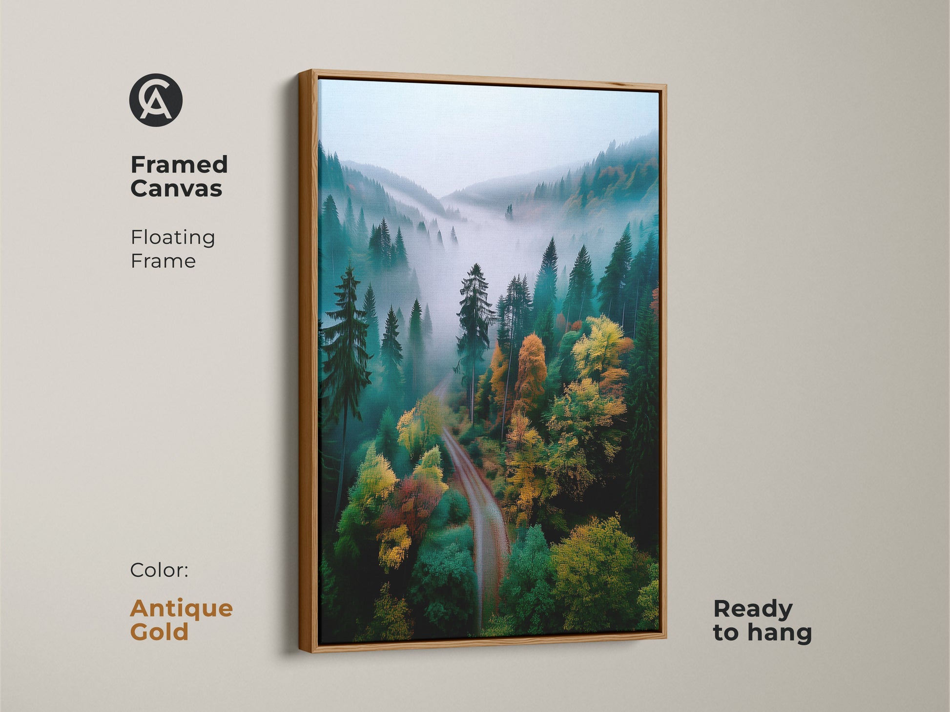 Antique gold framed canvas art of forest. The floating frame complements the forest artwork. The misty forest scene is printed on premium canvas. It is ready to hang. This framed artwork adds a touch of elegance. The artwork is a perfect focal point for your space.
