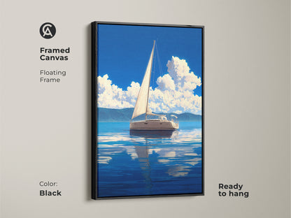 Framed canvas print of a coastal sailboat artwork with a black floating frame. This nautical wall decor captures a sailing boat on a blue ocean. The landscape artwork adds a touch of elegance to any room. Ready to hang and enjoy this perfect piece of maritime art.