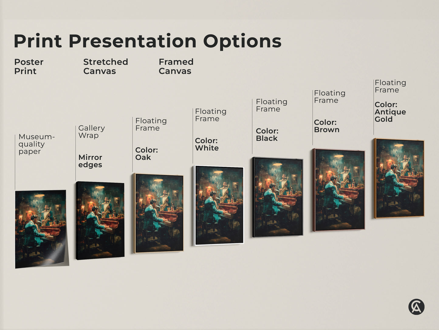 Explore our print presentation options. Choose from poster prints stretched canvas or framed canvas. Each option beautifully displays the jazz club scene with a pianist & saxophonist. Find the perfect format to match your style & decor needs.