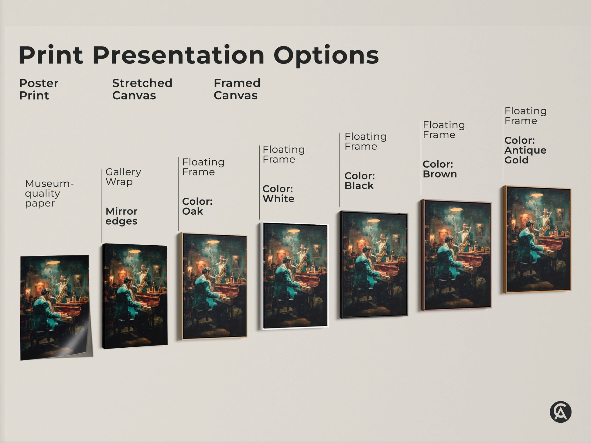 Explore our print presentation options. Choose from poster prints stretched canvas or framed canvas. Each option beautifully displays the jazz club scene with a pianist & saxophonist. Find the perfect format to match your style & decor needs.