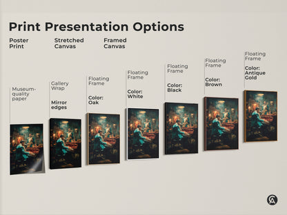 Explore our print presentation options. Choose from poster prints stretched canvas or framed canvas. Each option beautifully displays the jazz club scene with a pianist & saxophonist. Find the perfect format to match your style & decor needs.