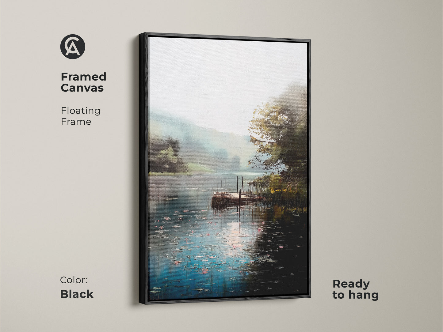Framed canvas art showcasing a rustic lake dock landscape. The black floating frame enhances the impressionist nature artwork. Teal green water view brings a calming and serene vibe. Ready to hang this framed print is ideal for adding natural beauty to your living room or bedroom decor.