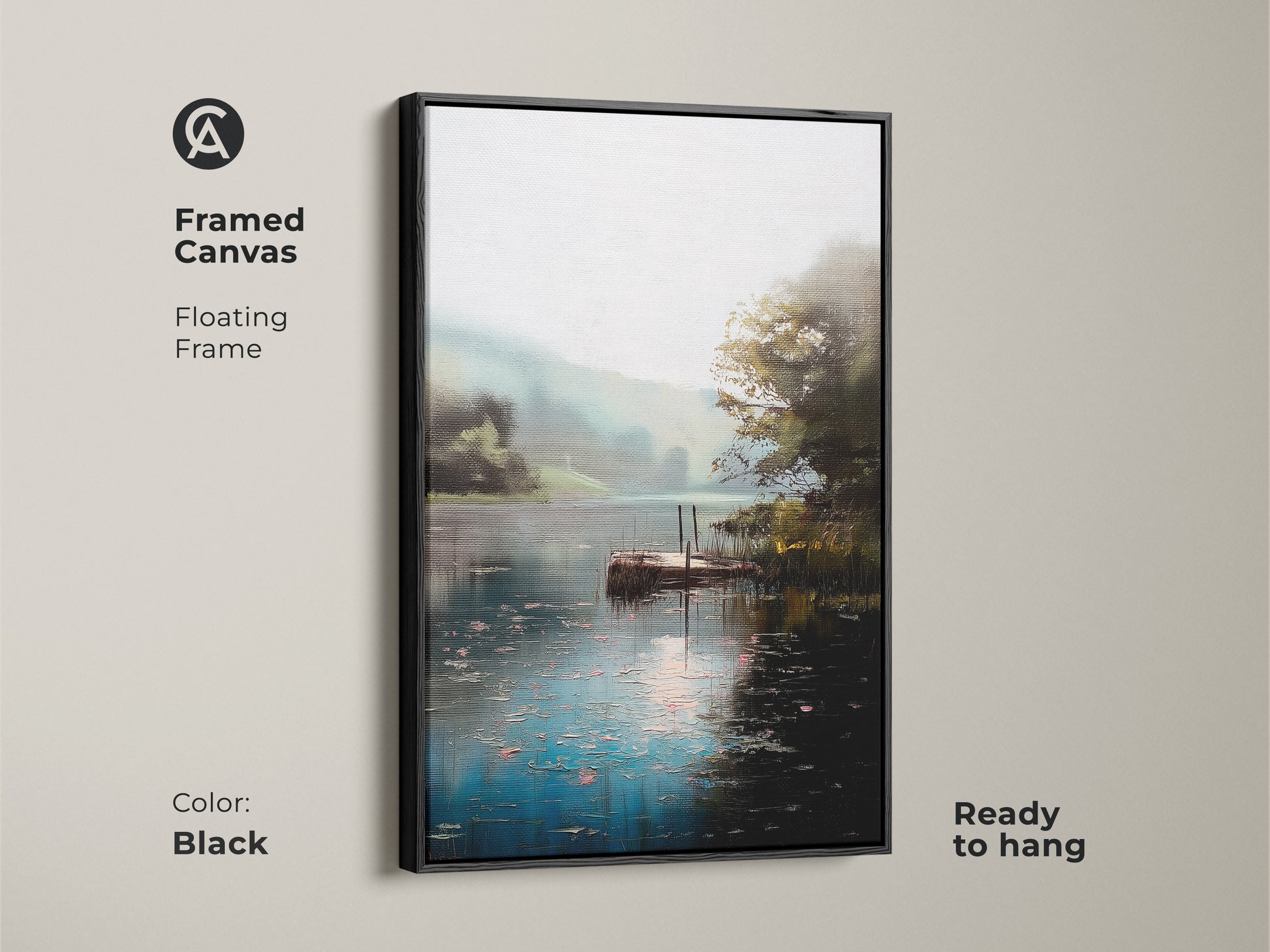 Framed canvas art showcasing a rustic lake dock landscape. The black floating frame enhances the impressionist nature artwork. Teal green water view brings a calming and serene vibe. Ready to hang this framed print is ideal for adding natural beauty to your living room or bedroom decor.