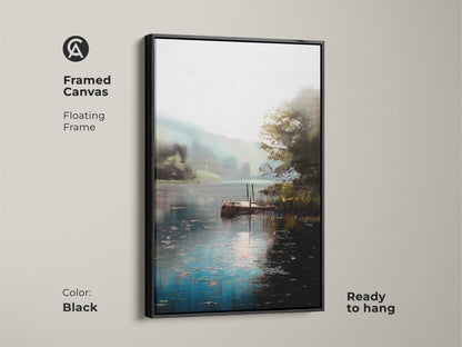 Framed canvas art showcasing a rustic lake dock landscape. The black floating frame enhances the impressionist nature artwork. Teal green water view brings a calming and serene vibe. Ready to hang this framed print is ideal for adding natural beauty to your living room or bedroom decor.