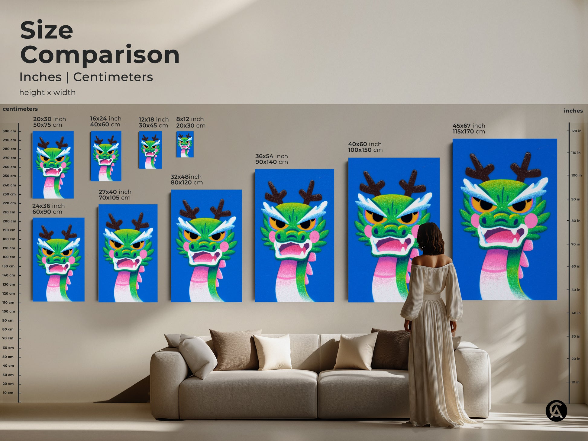 Size comparison of Cartoon Dragon art print in inches and centimeters. This green pink and blue kids room art comes in various sizes. Perfect fantasy artwork for any room.