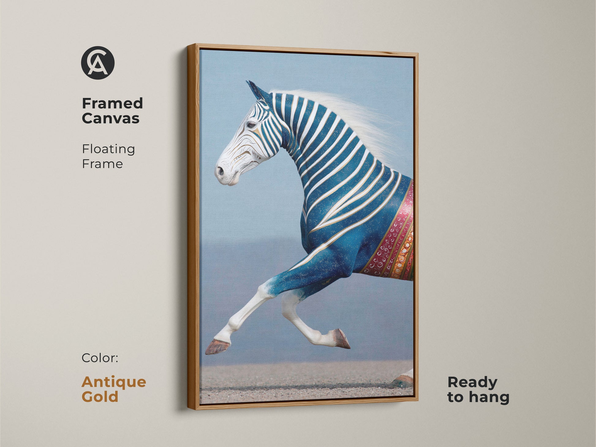 Framed Canvas in Antique Gold featuring Abstract Zebra Horse. This indigo blue art print brings an eclectic touch to your bedroom. Ready to hang this surreal horse canvas is a unique home decor choice. The horse and zebra art is perfect for animal lovers.