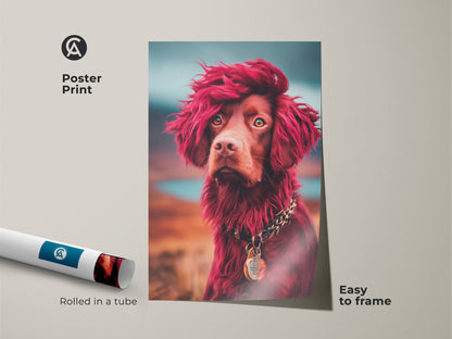 Poster print of a unique pet portrait. This quirky animal artwork features a brown dog with vibrant red hair. The dog is wearing a chunky chain necklace. An artistic dog gift idea for dog lovers. The print comes rolled in a tube ready to frame.