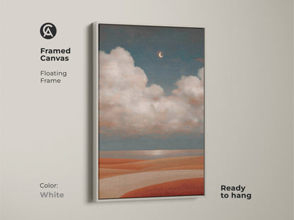 Unique landscape wall hanging featuring a terracotta teal painting. This dreamy bedroom art includes ethereal night art with a crescent moon. It's a perfect stargazing gift idea.