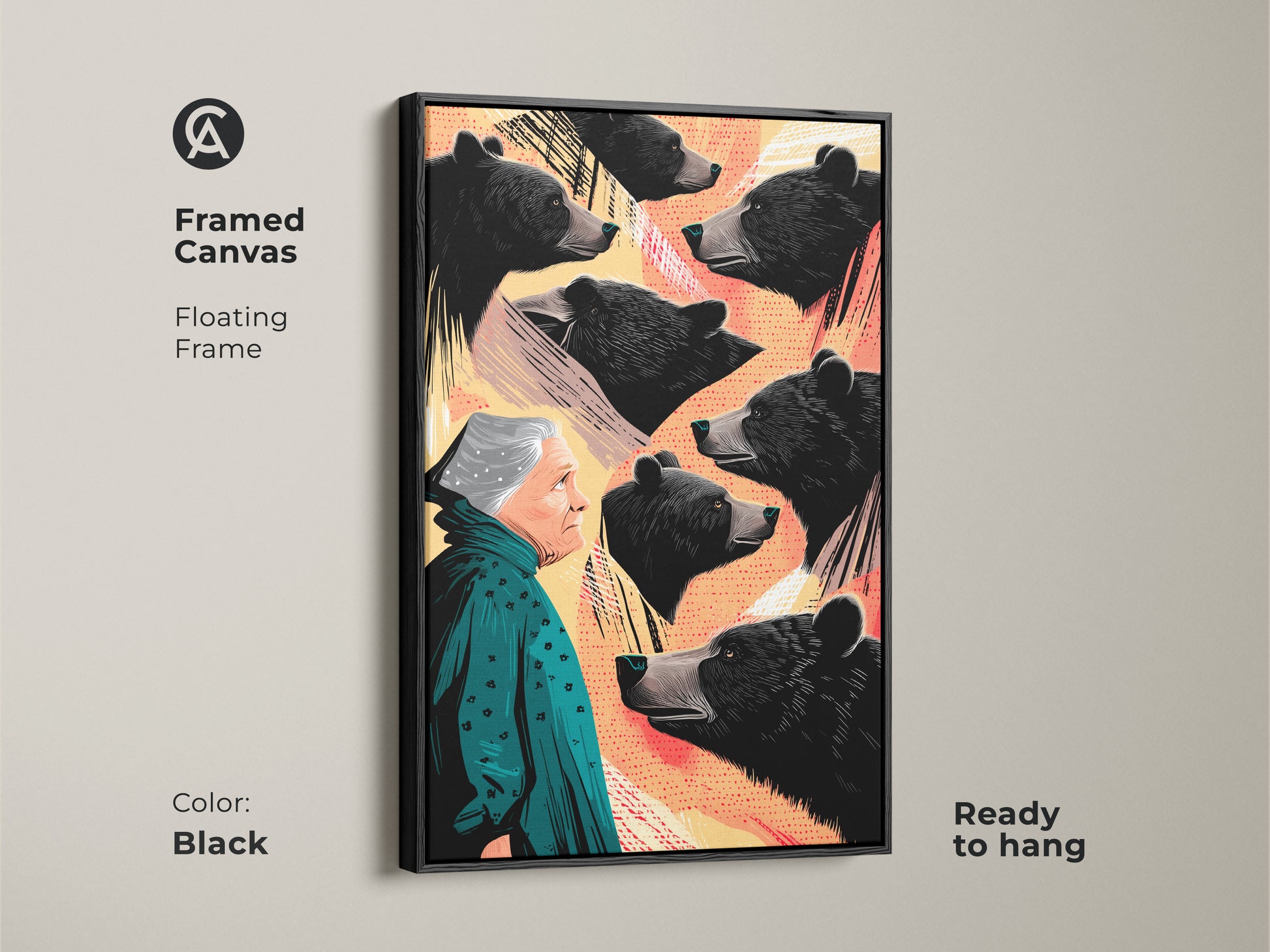 Framed canvas art featuring the surreal woman and bear print. The floating frame is black. The ready to hang animal artwork adds a unique touch. The eclectic animal wall decor serves as a conversation piece.