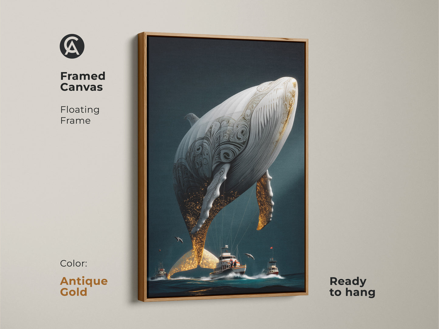 Antique gold framed canvas art print featuring a surreal whale. The piece includes boats and gold accents in a dark teal ocean setting. The fantasy art adds an eclectic touch to any room. It comes ready to hang and makes a great housewarming gift for ocean art lovers.