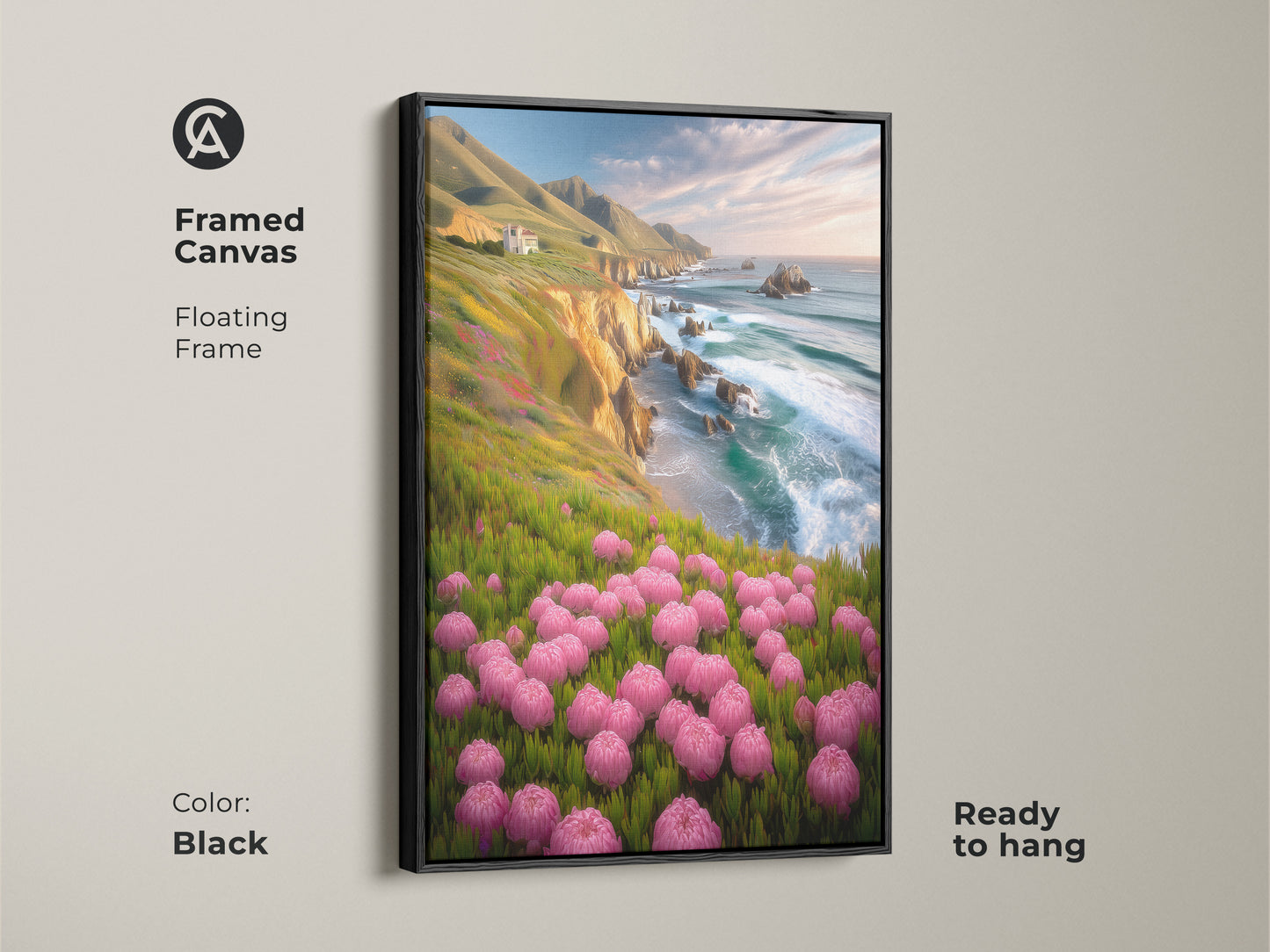 Framed canvas artwork of pink flowers on ocean cliffs. Black floating frame adds elegance. This nature art is a housewarming gift ready to hang for coastal home interiors.