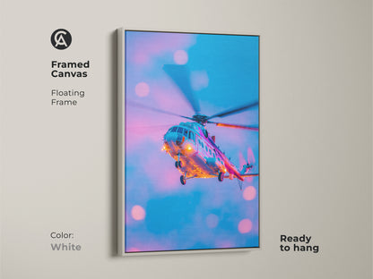 White framed canvas art featuring a helicopter. This ready-to-hang art includes a floating frame. This vibrant helicopter artwork will brighten up your decor. Perfect for aviation enthusiasts. This framed canvas is a great addition to any space.