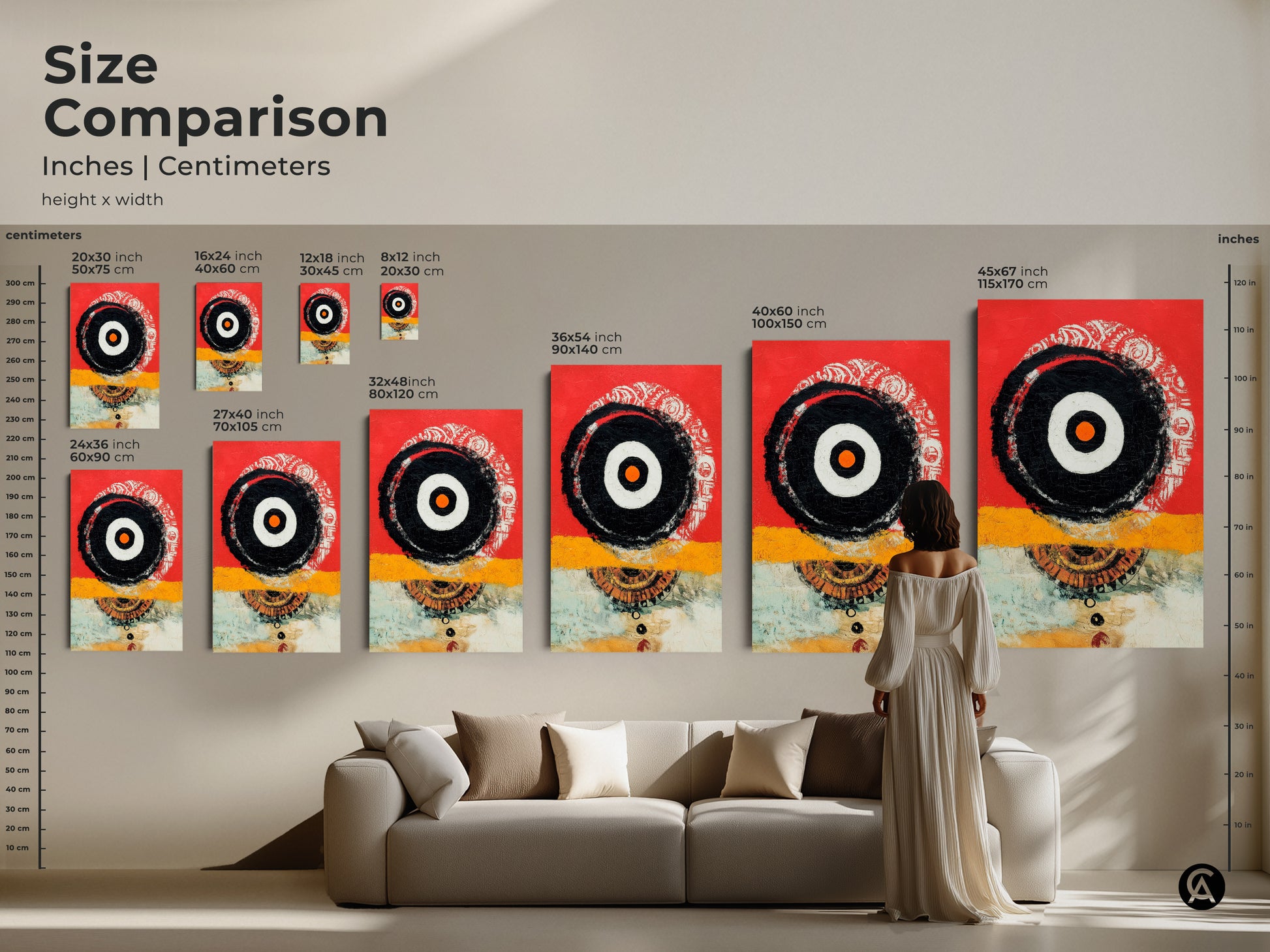 See the size comparison of this modern geometric abstract artwork. View the art in inches and centimeters to find the perfect fit. Whether its a small print or a large canvas the red yellow and black design adds style. Enhance your living room office or studio with this eclectic art.
