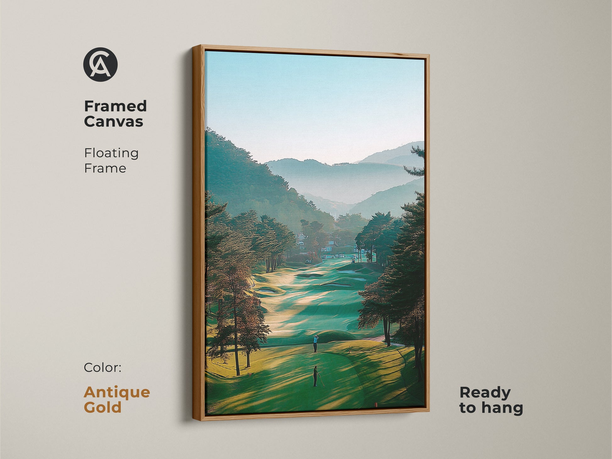 Elevate your interior with this framed golf course artwork. The antique gold frame adds a touch of classic elegance. This canvas print features a serene fairway landscape. It is ready to hang and will enhance any space.