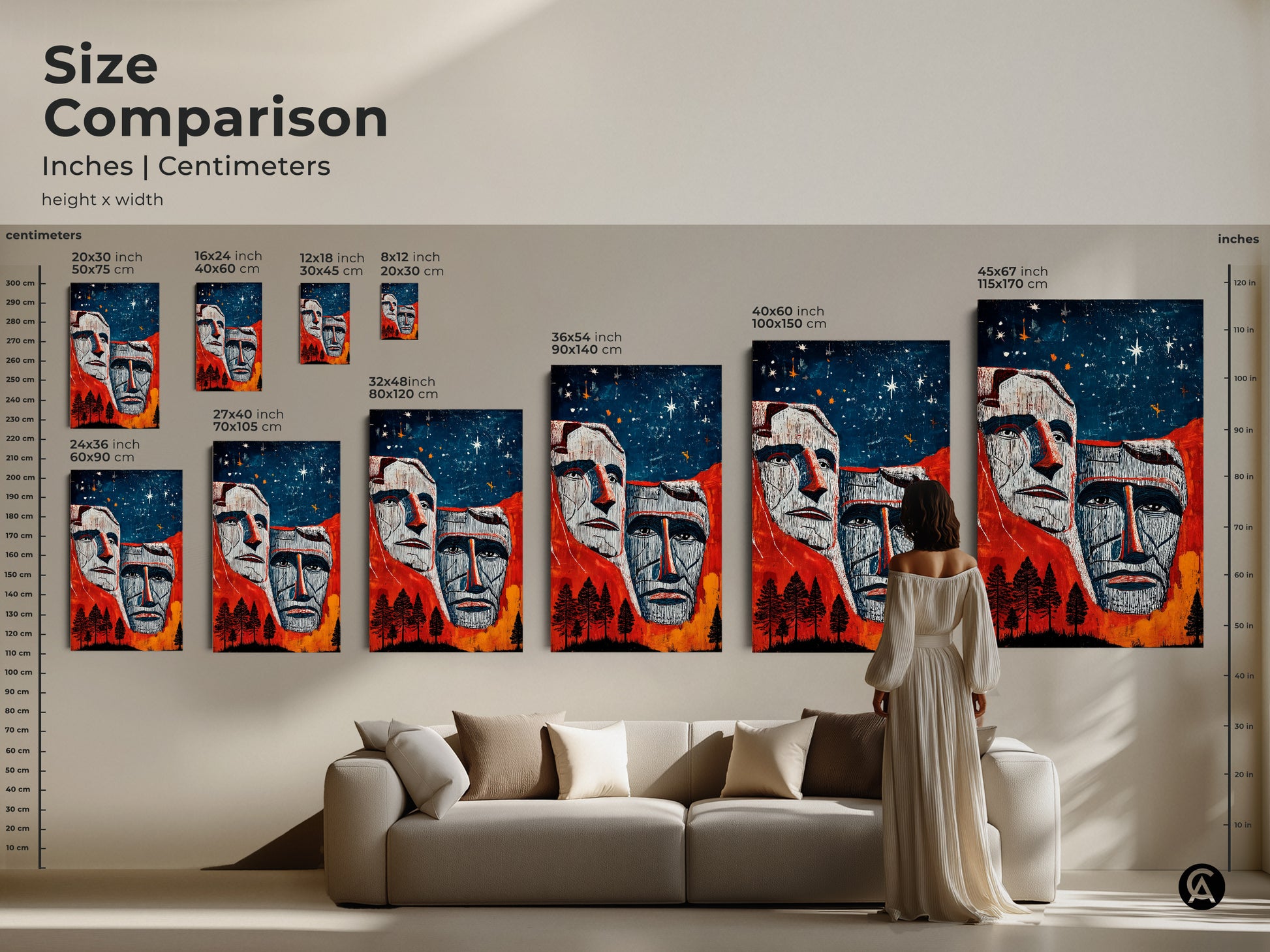 Size comparison featuring Mount Rushmore art. A woman views the art in a living room. See American Presidents art in different sizes. Canvas and poster options shown. Red blue orange hues add color to your home. Eclectic art displayed in a modern setting. Ideal home decor print.