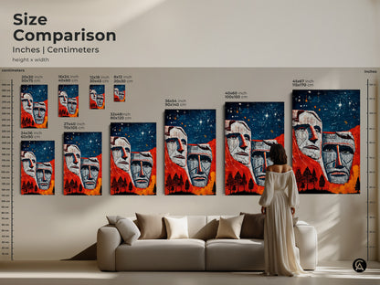 Size comparison featuring Mount Rushmore art. A woman views the art in a living room. See American Presidents art in different sizes. Canvas and poster options shown. Red blue orange hues add color to your home. Eclectic art displayed in a modern setting. Ideal home decor print.