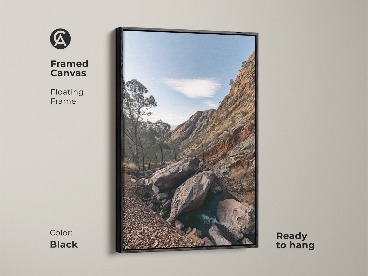Framed canvas art of a Rocky Mountain landscape with a black floating frame. This rustic wall decor features sky blue nature photography and gnarled trees. Ready to hang this is a perfect hiker gift. Enhance your space with this scenic mountain view.