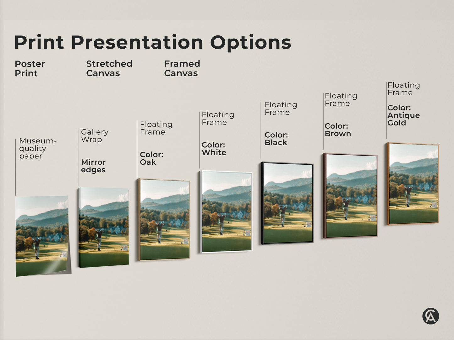 Explore our print presentation options for golf course artwork. Choose from poster prints stretched canvas and framed canvas. Find the perfect style to complement your home decor. Discover museum quality edges.