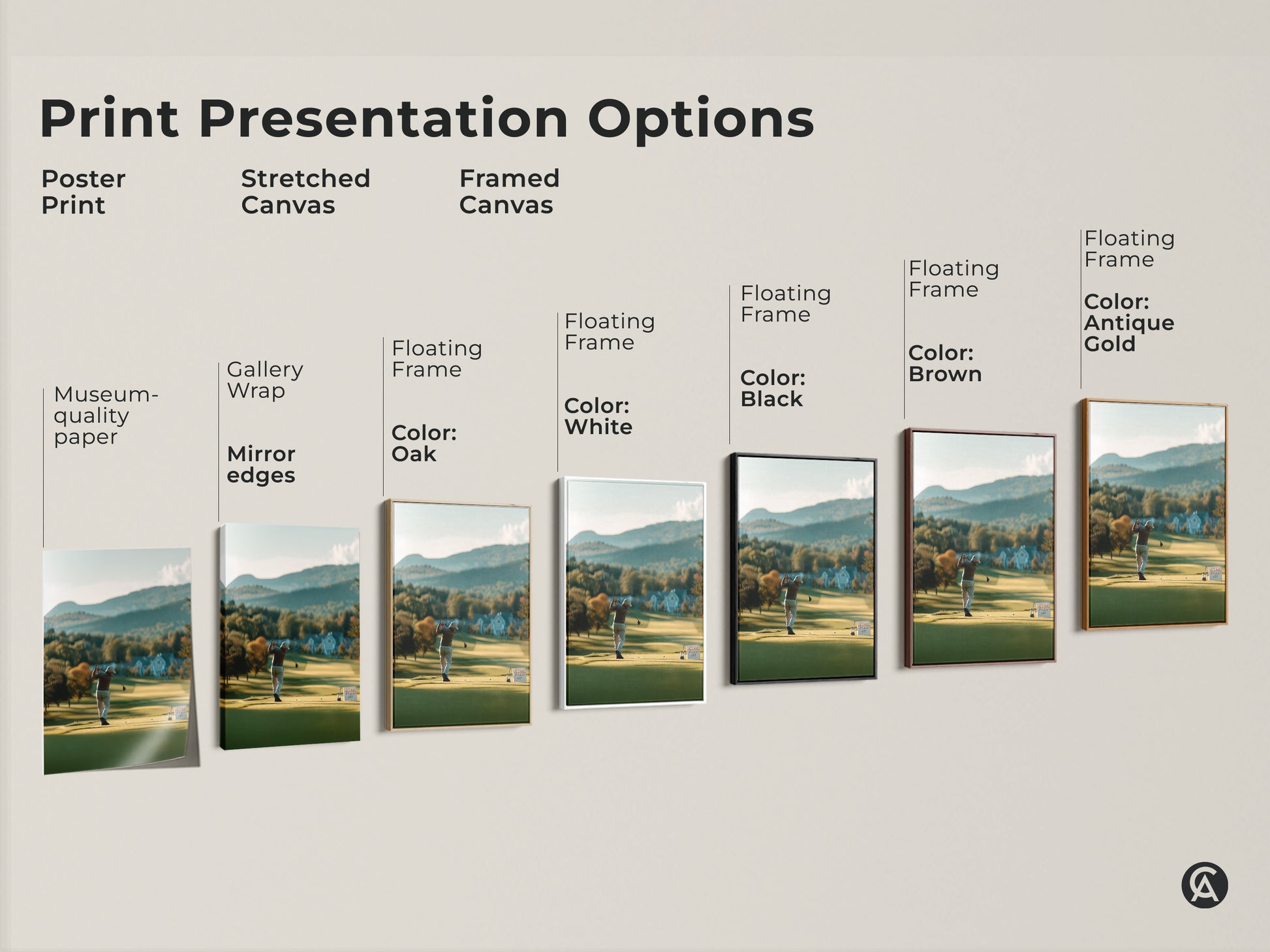 Explore our print presentation options for golf course artwork. Choose from poster prints stretched canvas and framed canvas. Find the perfect style to complement your home decor. Discover museum quality edges.