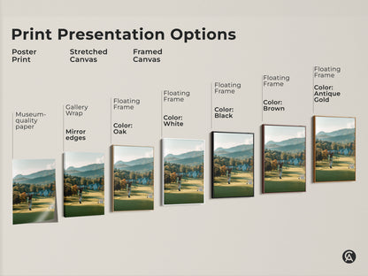 Explore our print presentation options for golf course artwork. Choose from poster prints stretched canvas and framed canvas. Find the perfect style to complement your home decor. Discover museum quality edges.