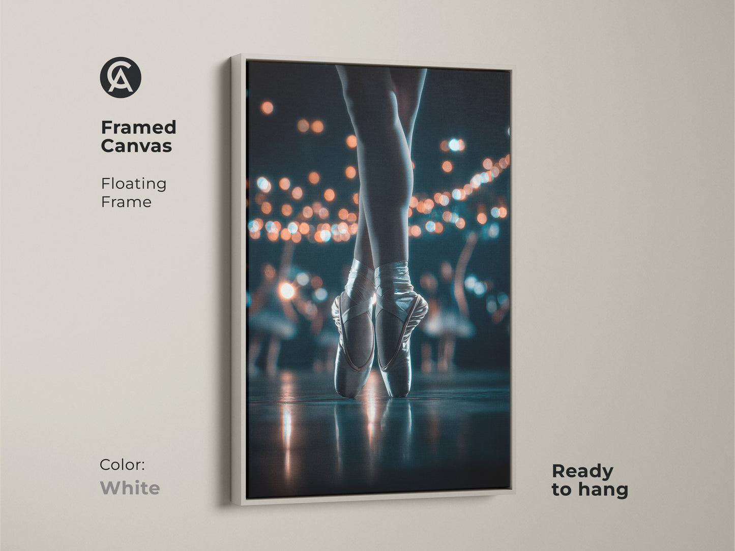 This framed canvas art highlights a ballerina's feet in pointe shoes. The clean white floating frame provides a modern look. Ready to hang this artwork will brighten any room. Perfect for ballet art collectors and enthusiasts.
