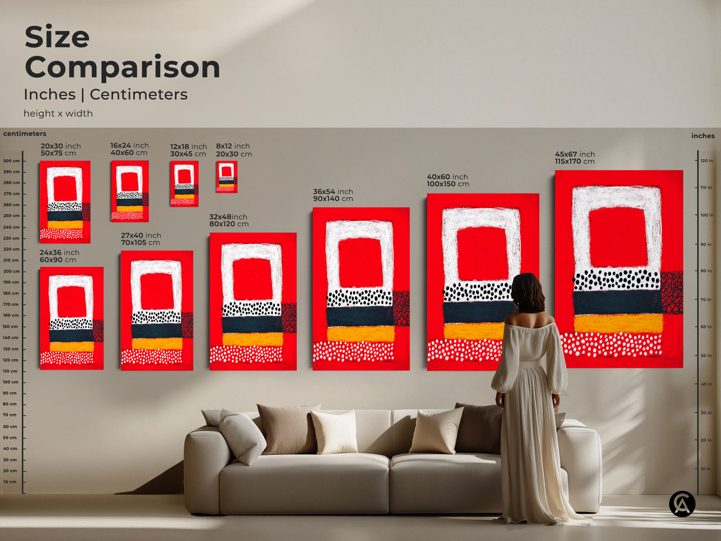 Size comparison of abstract art prints in a living room setting. Visualize the impact of this bold red yellow teal geometric artwork. Available in multiple sizes to suit any space. See how it enhances your eclectic home style.