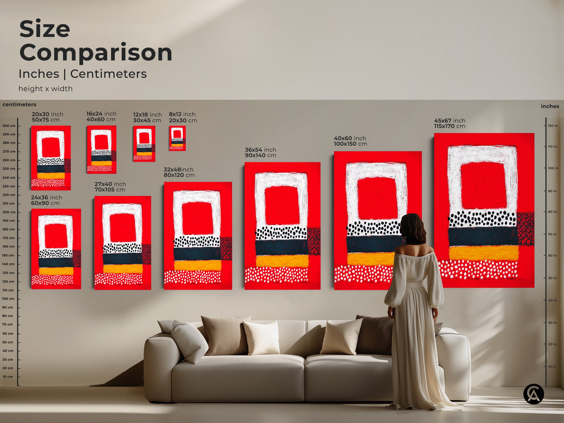 Size comparison of abstract art prints in a living room setting. Visualize the impact of this bold red yellow teal geometric artwork. Available in multiple sizes to suit any space. See how it enhances your eclectic home style.