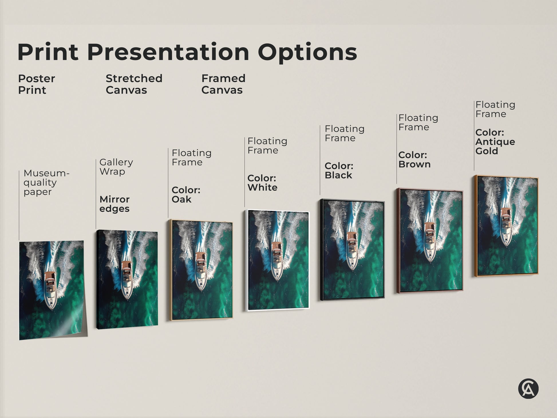 Explore print presentation options for this speedboat artwork. Choose from poster prints stretched canvas or framed canvas. Available with various frame colors like oak white black brown and antique gold. Find the perfect style for your modern decor.