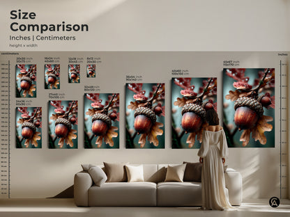 Compare sizes of acorn art in inches and centimeters. See how the artwork looks in different dimensions. The size comparison helps you choose the best fit. A great way to visualize the art in your home before you buy.