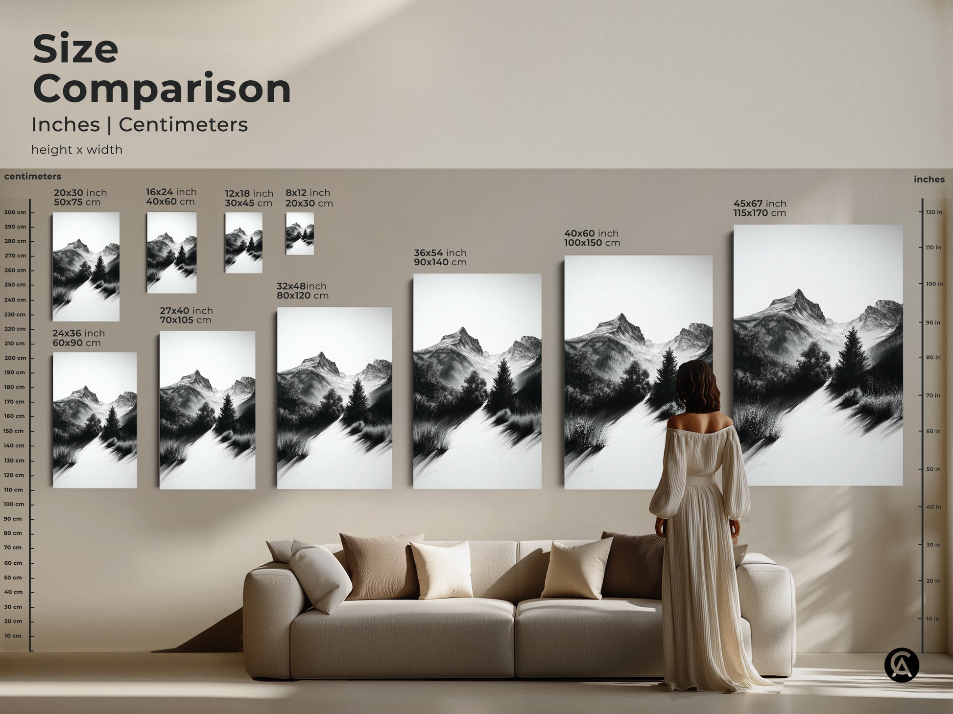 Size Comparison of mountain path art prints in inches & centimeters. See how the black and white landscape artwork fits above a couch. Poster & canvas sizes available to fit any space.