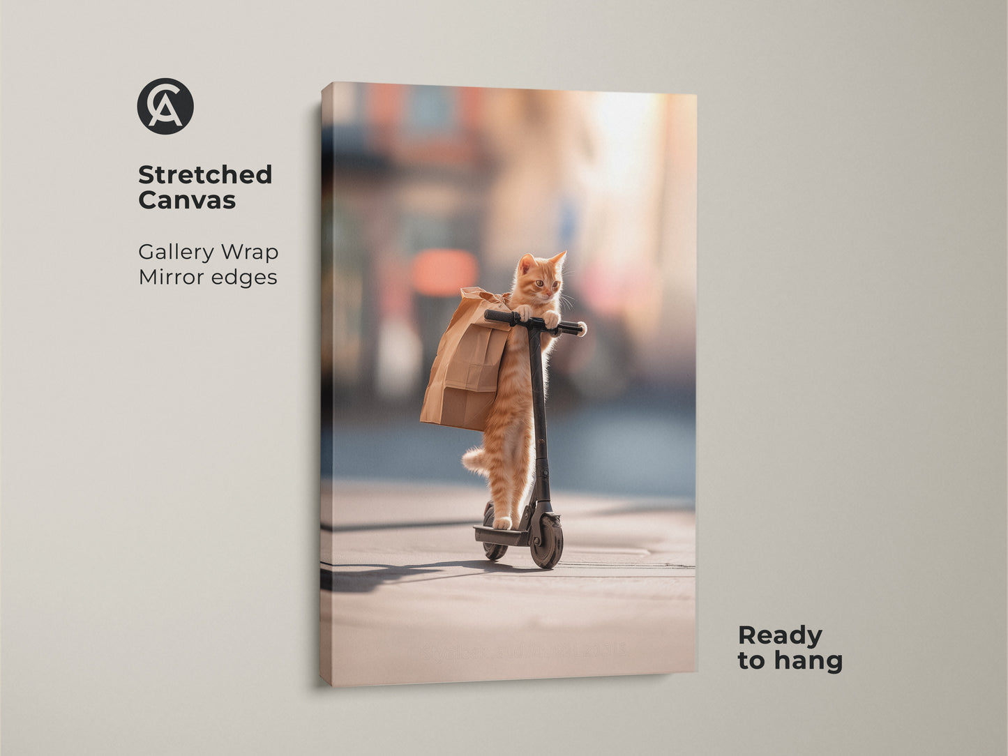 Stretched canvas artwork featuring a cat on a scooter. The gallery wrap and mirror edges give it a modern look. This ready-to-hang cat art adds a fun touch to any room. It's a great gift for cat lovers.