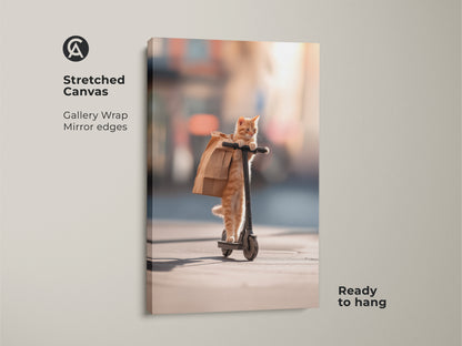 Stretched canvas artwork featuring a cat on a scooter. The gallery wrap and mirror edges give it a modern look. This ready-to-hang cat art adds a fun touch to any room. It's a great gift for cat lovers.
