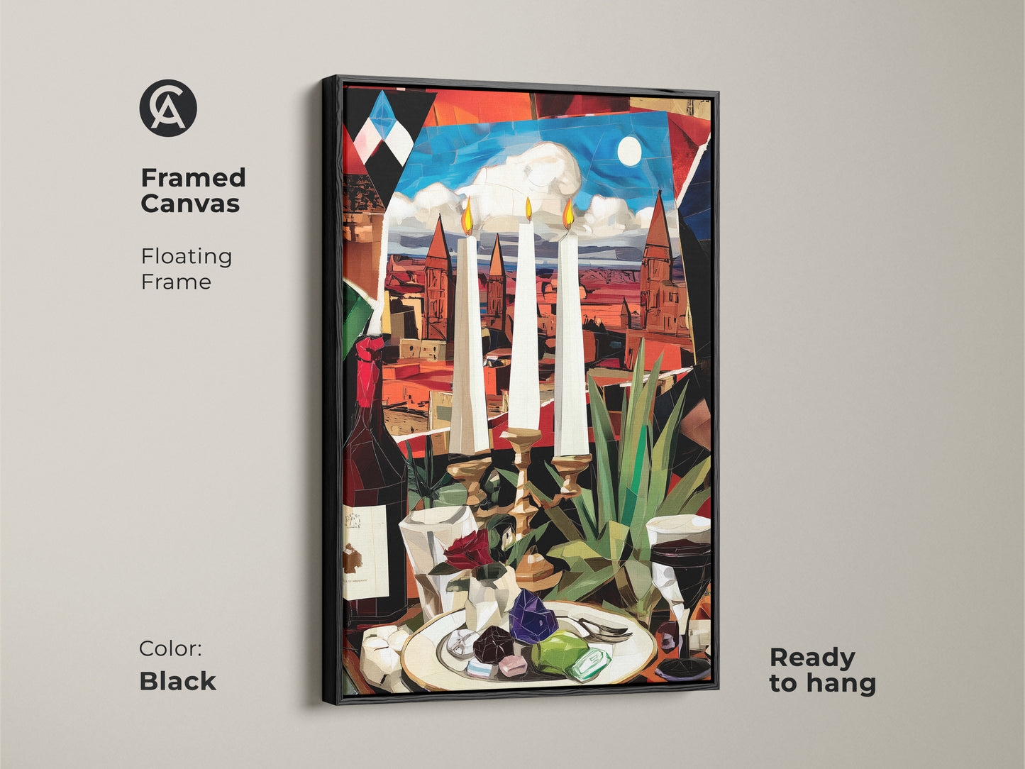 Explore our framed cubist still life canvas with a floating black frame. The artwork shows a wine bottle candles and cityscape art. Ready to hang this piece adds color to eclectic home decor.