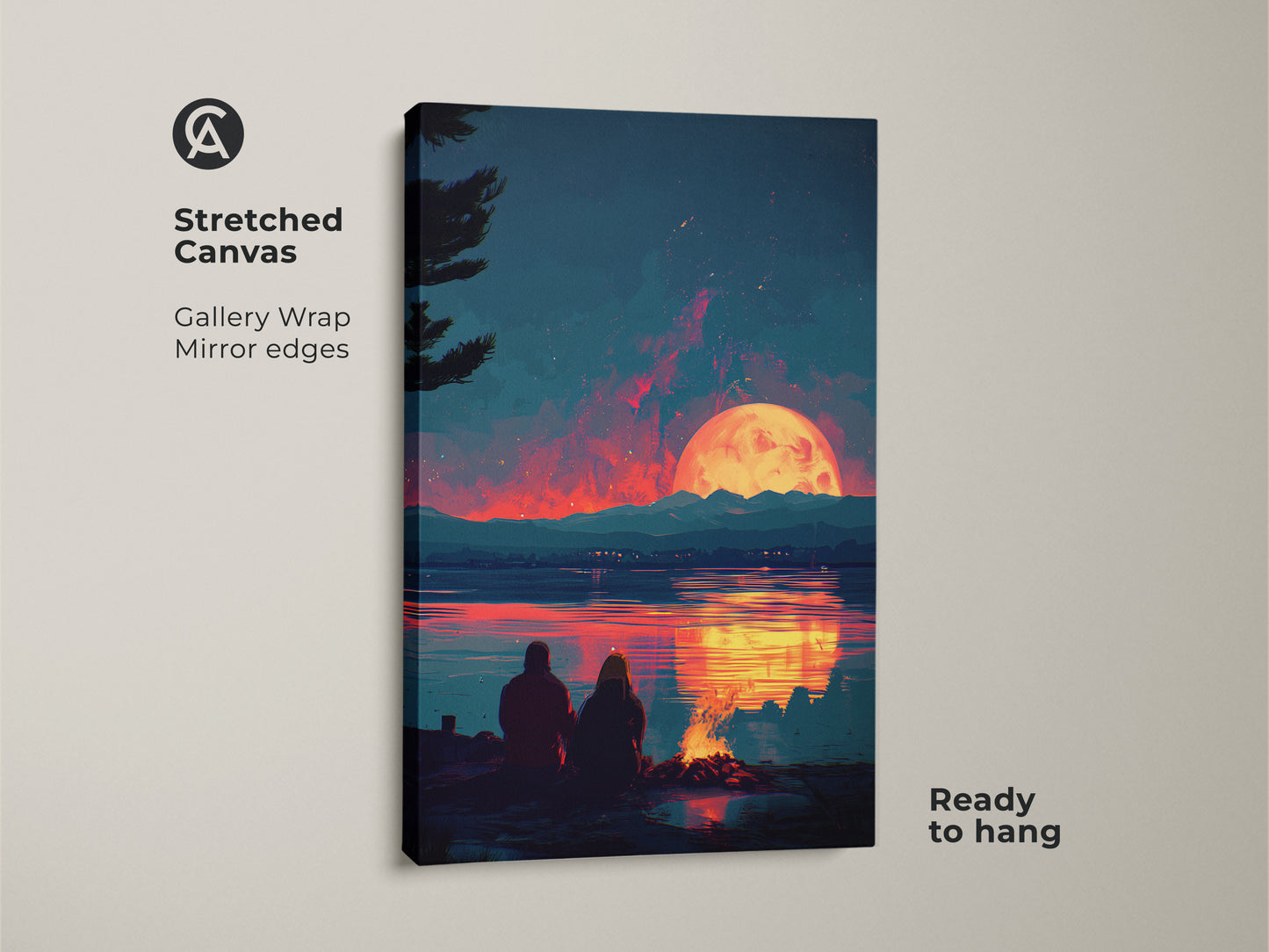 Stretched canvas print of a couple watching a campfire sunset. This gallery-wrapped artwork features mirror edges for a seamless look. The teal and orange tones create a romantic ambiance. It is ready to hang adding warmth and charm to your space. This canvas art makes a thoughtful anniversary gift.