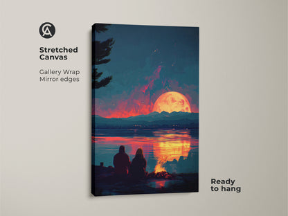 Stretched canvas print of a couple watching a campfire sunset. This gallery-wrapped artwork features mirror edges for a seamless look. The teal and orange tones create a romantic ambiance. It is ready to hang adding warmth and charm to your space. This canvas art makes a thoughtful anniversary gift.