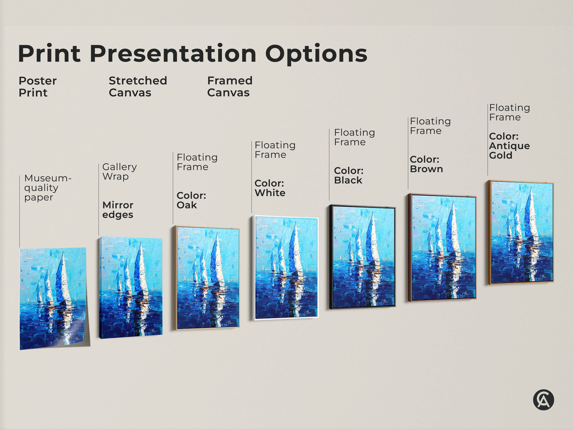 Explore print presentation options for coastal sailboat art. Choose from poster print stretched canvas and framed canvas. Options include gallery wrap floating frame and museum quality paper. Select from frame colors like white black brown oak and antique gold. Find the perfect style to enhance your space today.