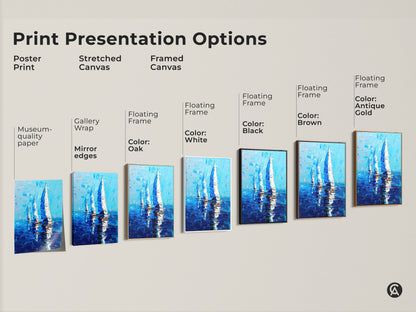 Explore print presentation options for coastal sailboat art. Choose from poster print stretched canvas and framed canvas. Options include gallery wrap floating frame and museum quality paper. Select from frame colors like white black brown oak and antique gold. Find the perfect style to enhance your space today.