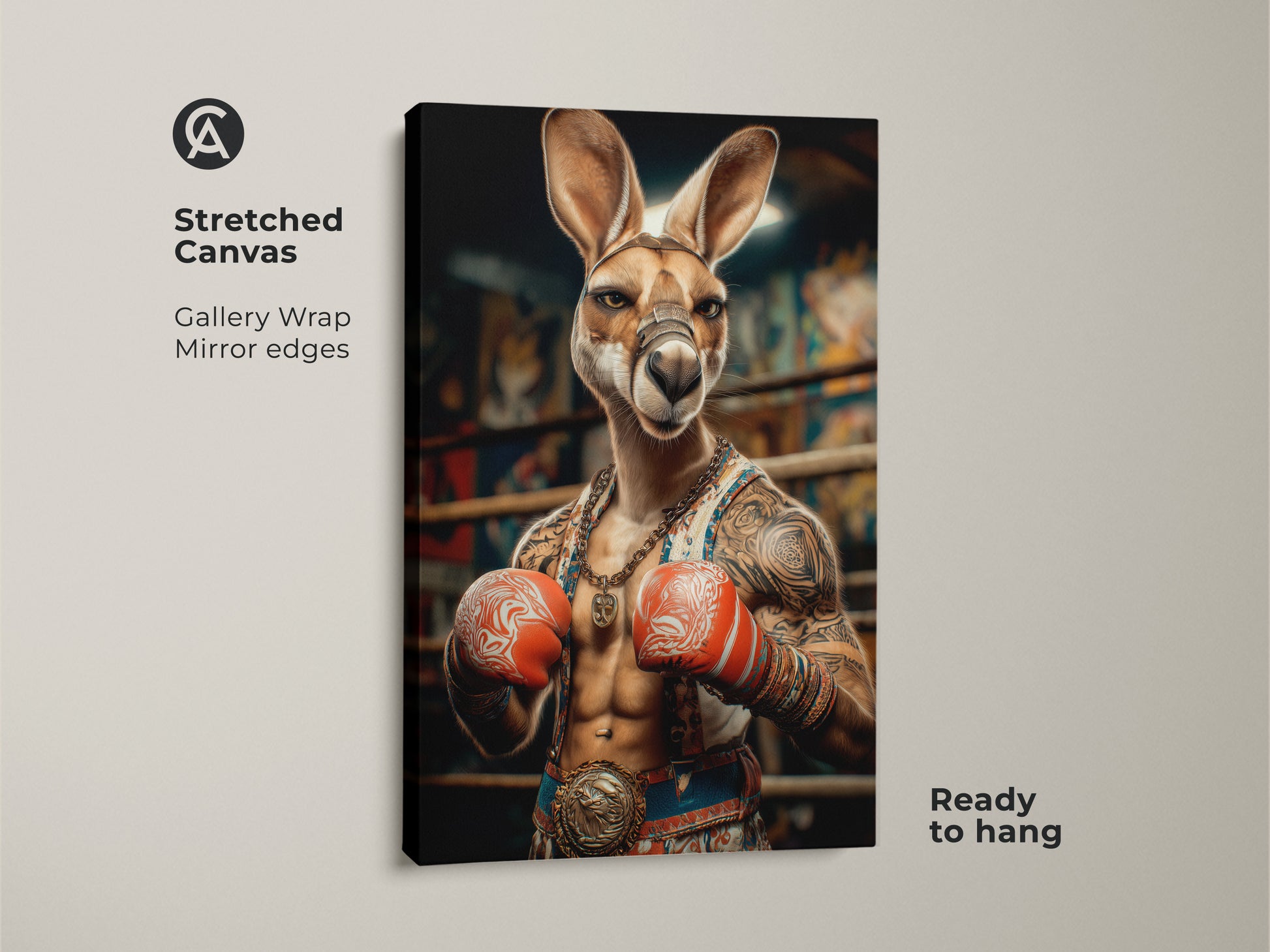 This stretched canvas features a photorealistic kangaroo boxer in a tattoo art style. Ready to hang this gallery wrapped print adds an eclectic touch to any space. The mirror edges enhance the artwork making it a unique piece of animal art decor. Perfect for a sports fan's office.
