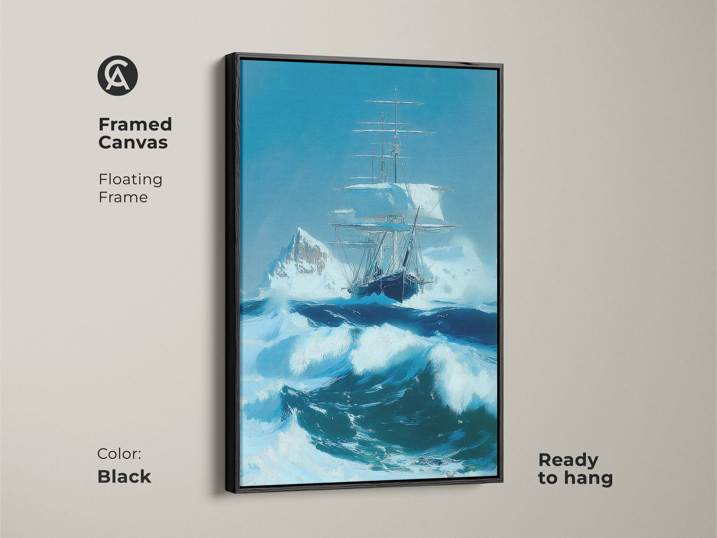 Framed canvas featuring a tall ship in an ocean storm. The nautical home decor print showcases maritime adventure artwork. The iceberg seascape painting has a black floating frame and is ready to hang. The blue sailing ship adds elegance to any space.