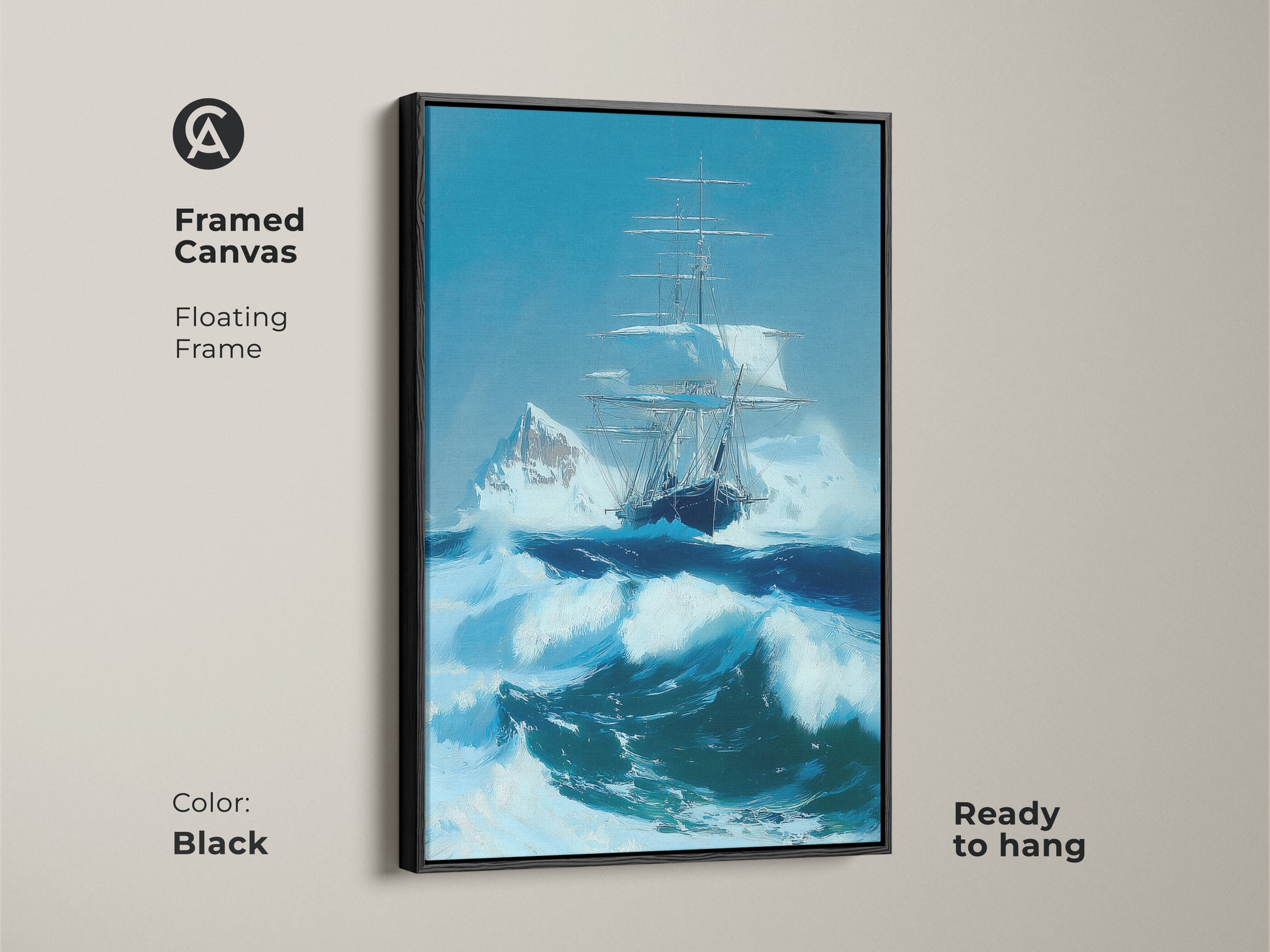 Framed canvas featuring a tall ship in an ocean storm. The nautical home decor print showcases maritime adventure artwork. The iceberg seascape painting has a black floating frame and is ready to hang. The blue sailing ship adds elegance to any space.