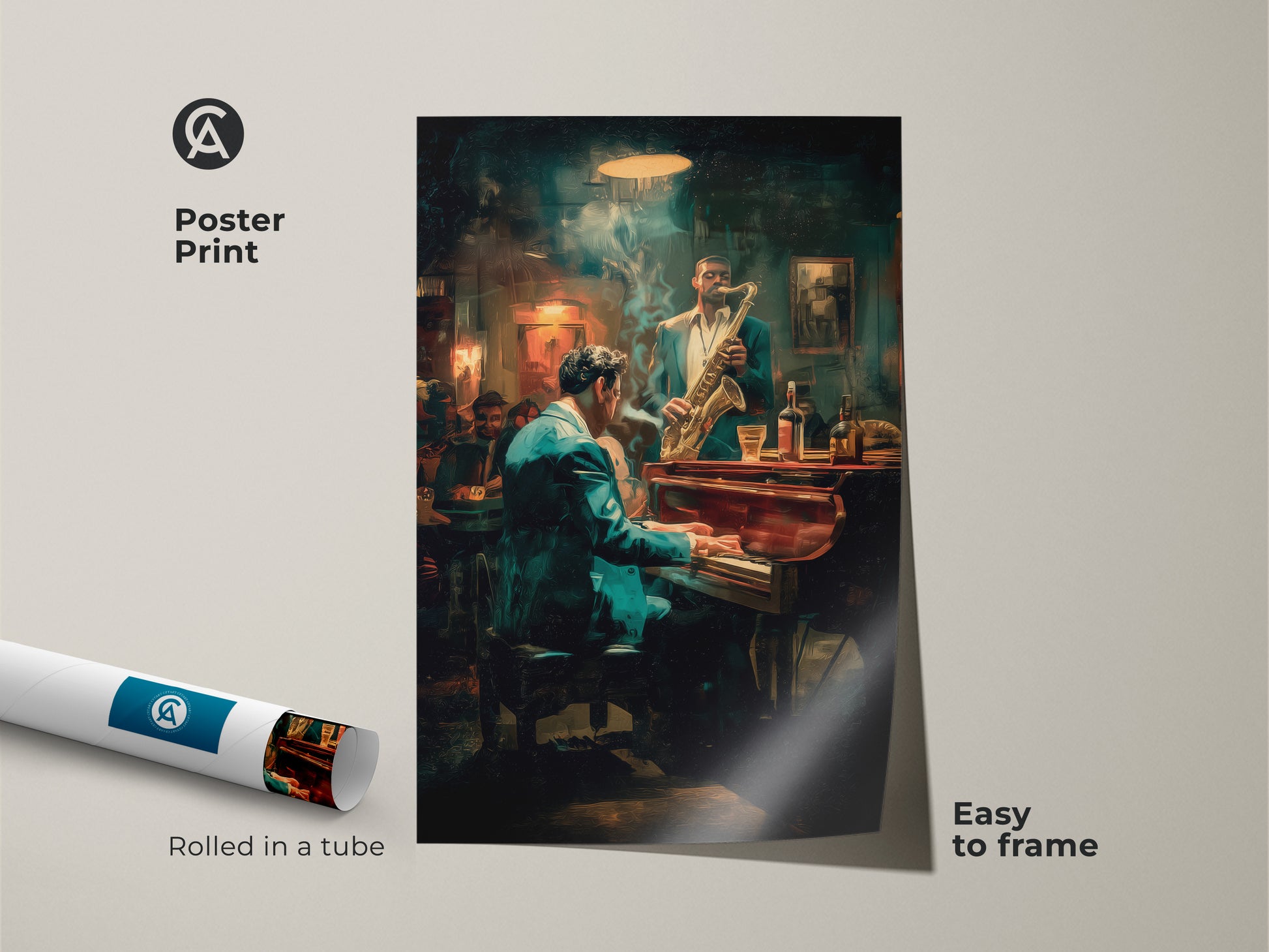 Get this jazz club artwork as a poster print. The image shows a pianist & saxophonist in a smoky club setting. Easy to frame this poster brings the soulful vibe of jazz music into your home or office. Rolled in a tube for protection.