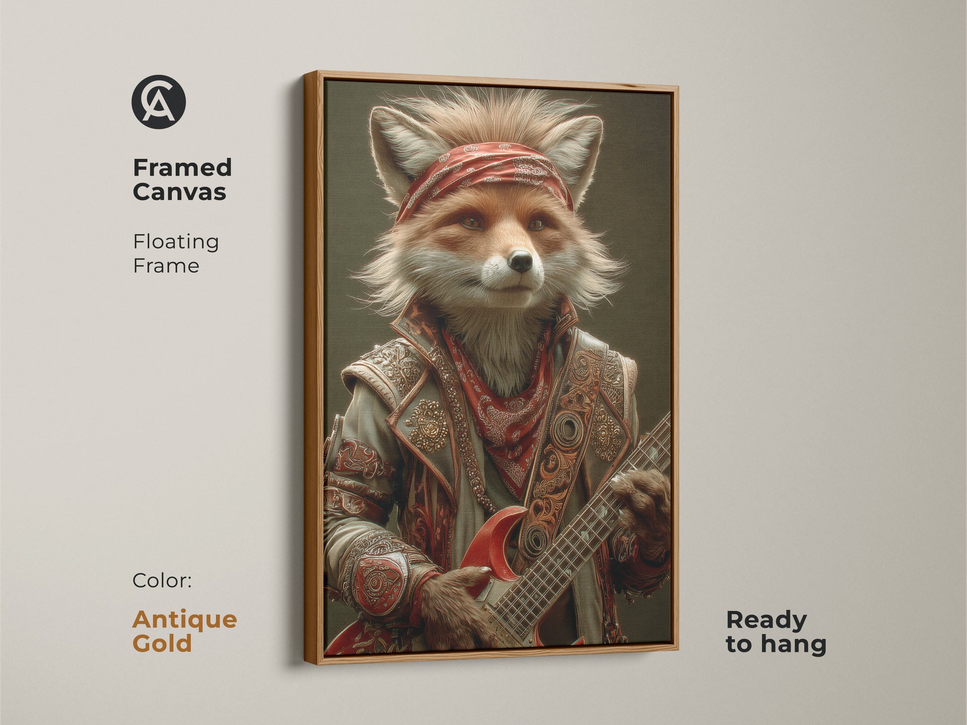 This framed canvas features a fox rockstar playing an electric guitar art with a red bandana. The antique gold frame enhances this cool animal musician artwork. This ready-to-hang piece adds a touch of vintage rock style to your eclectic home decor. This a perfect gift for music lovers.